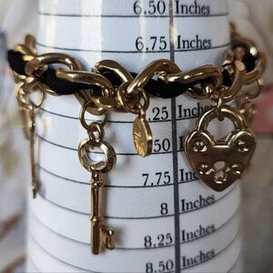 Padlock Heart and Key Gold Tone Link Bracelet Entwined Black Suede